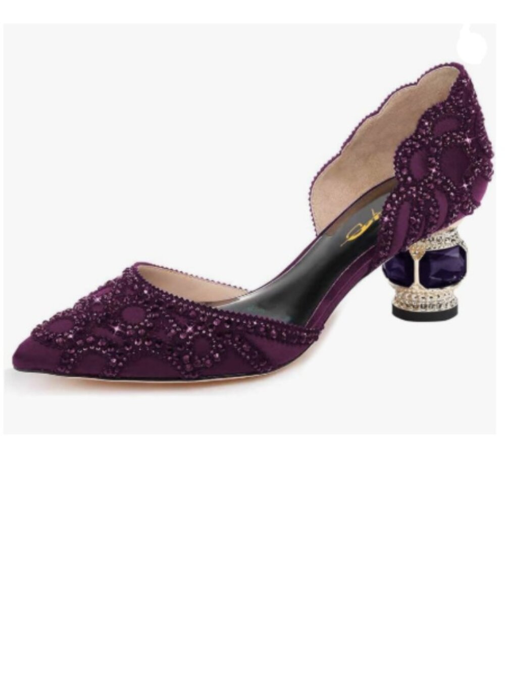 XYD Dark Purple Pointed Toe D'Orsay Crystal Chunky Low Heels Rhinestone Pump